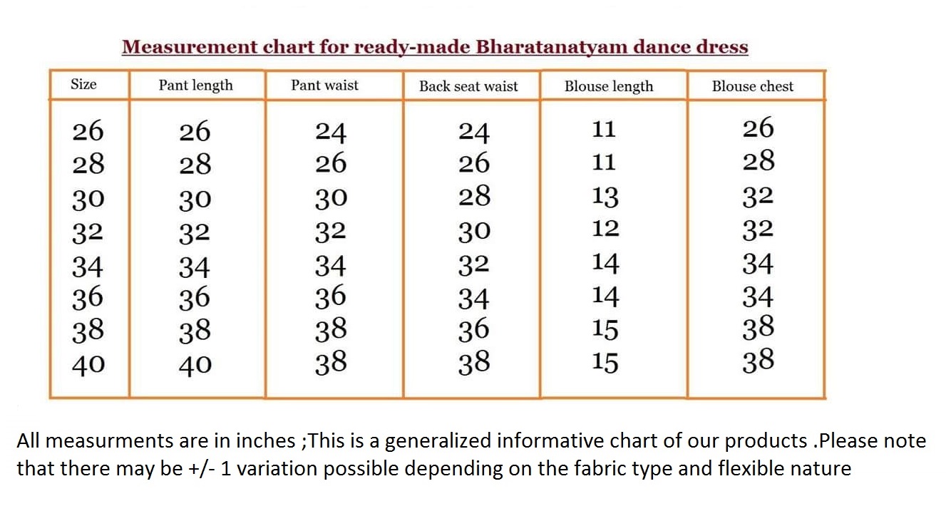 MEASURMENT CHART FOR BHARATANATYAM DRESS