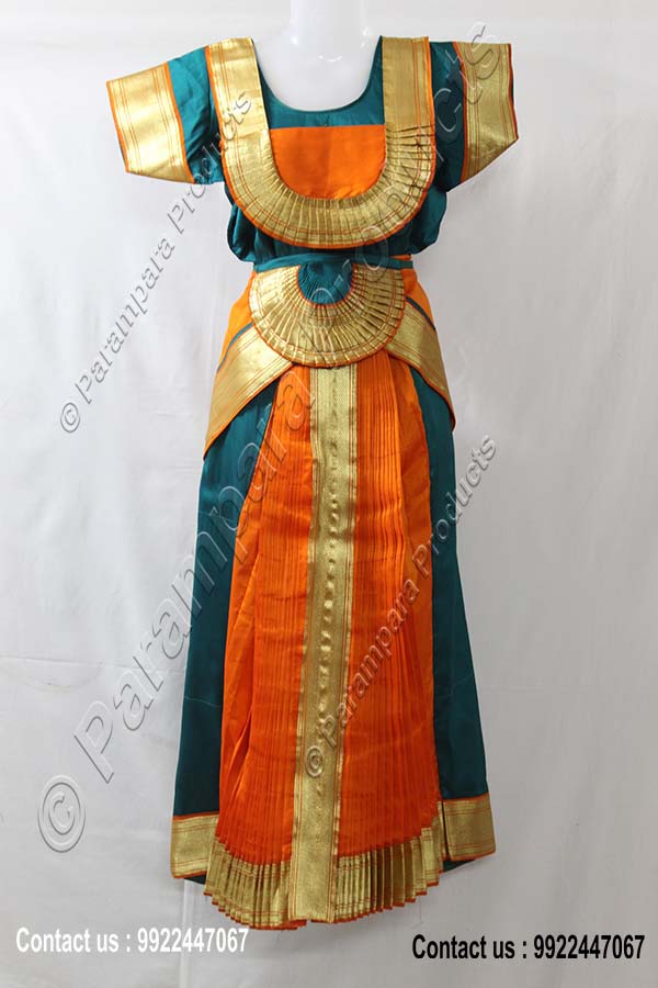 Bharathanatyam Skirt dress - Peacock Green and Light Orange